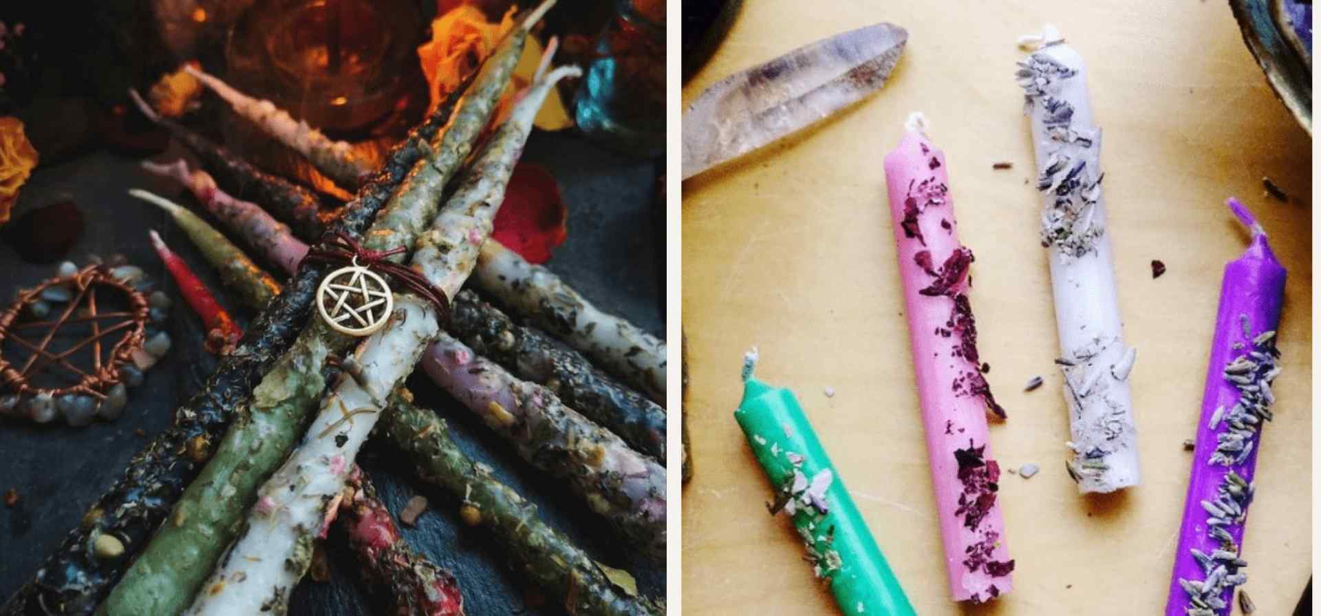 Magische Kräuterkerzen Kerzen mit eingearbeiteten Kräutern auf einem Holztisch, umgeben von Naturmaterialien.