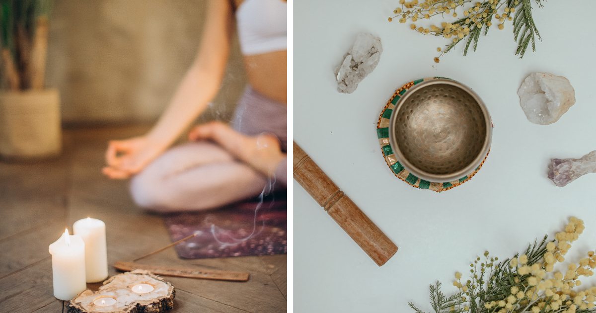 Meditation – Klang der Stille Eine Frau sitzt meditierend mit einer Klangschale vor sich – ein Moment innerer Einkehr und spiritueller Verbindung durch Klang.